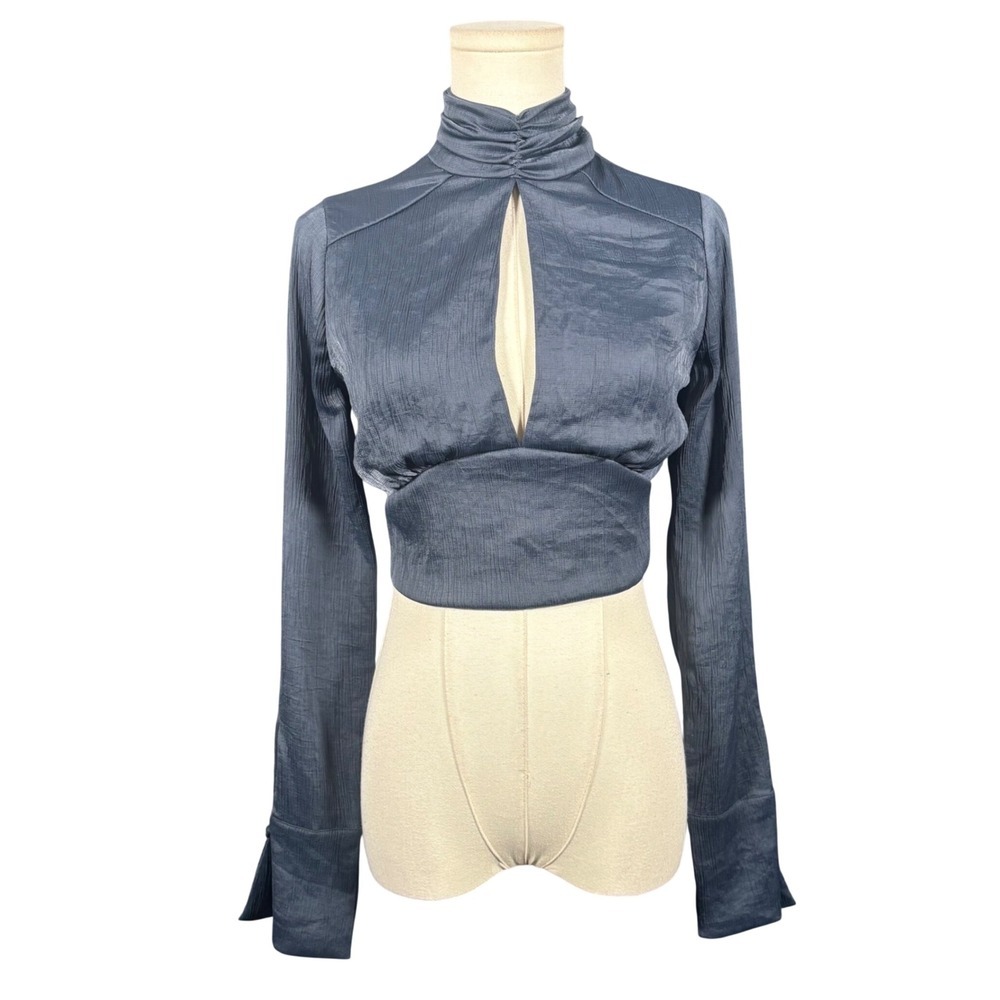 Blue Life Slate Blue Mock Neck Open Back Keyhole Crop Top XS Long Sleeve